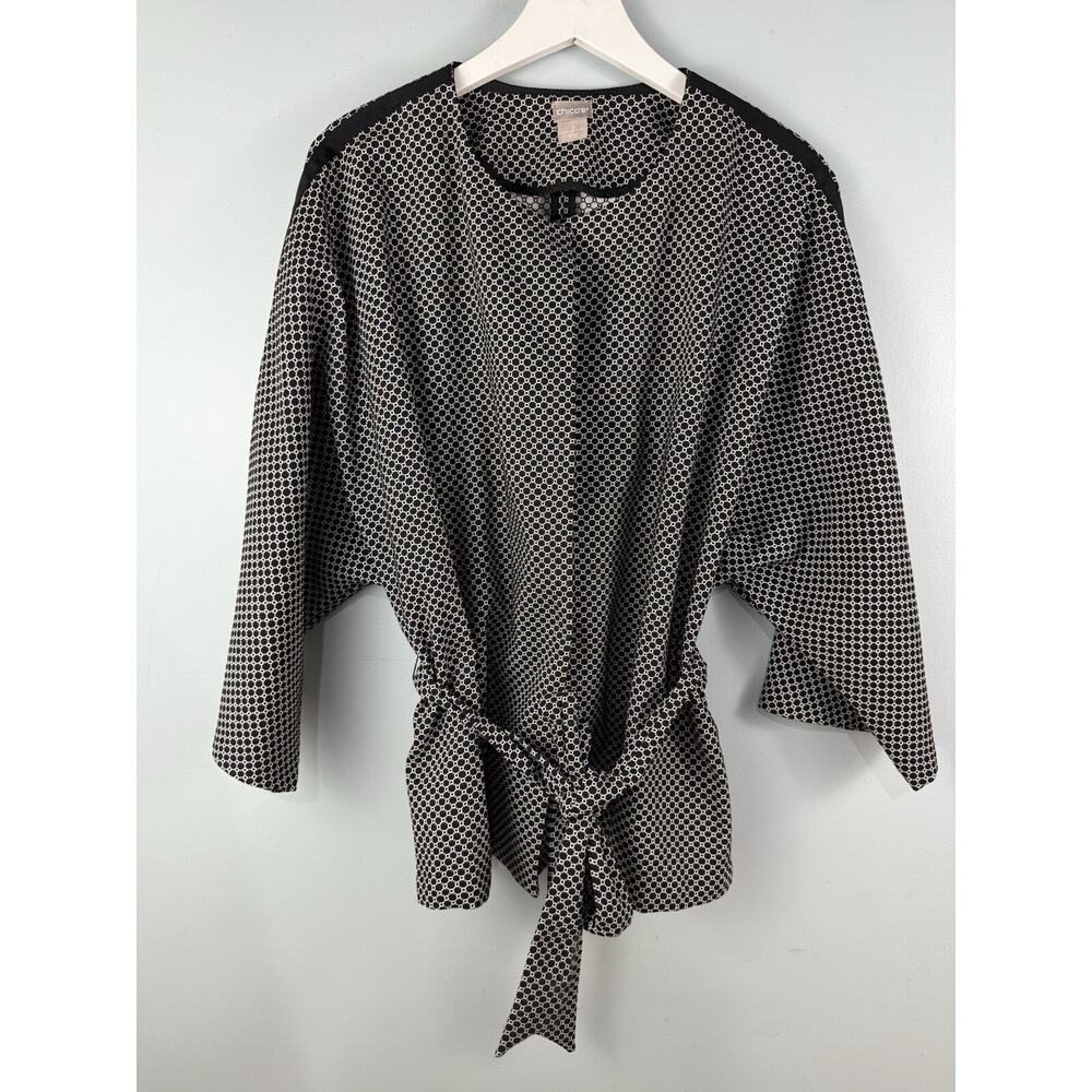 Chico's Tie Waist Kimono Jacket‎ Women Size 3 XL Black White Modern Minimalist